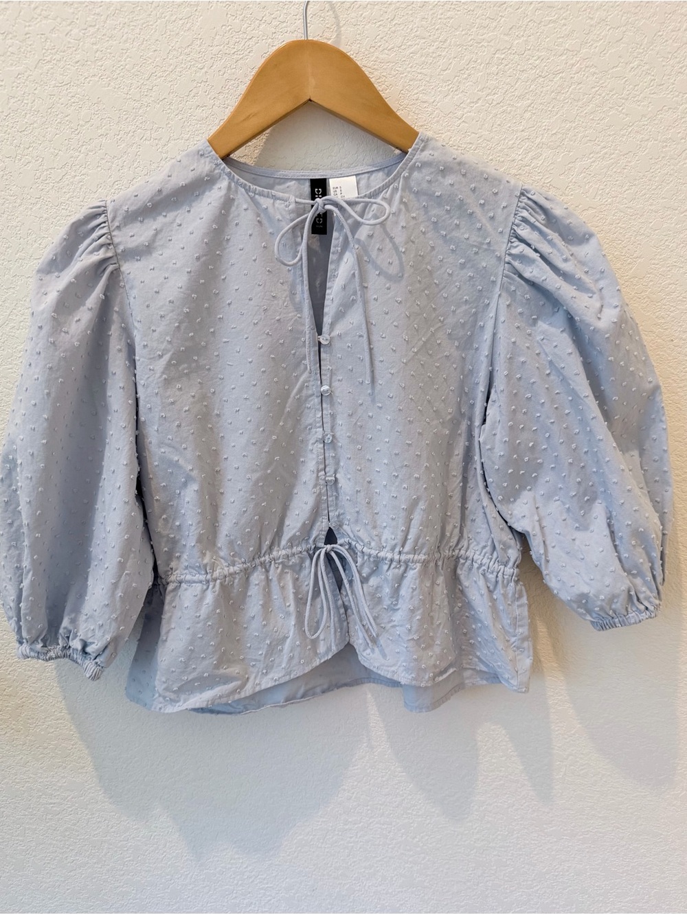 H&M Pale Blue Swiss Dot Puff Sleeve Tie-Front Blouse